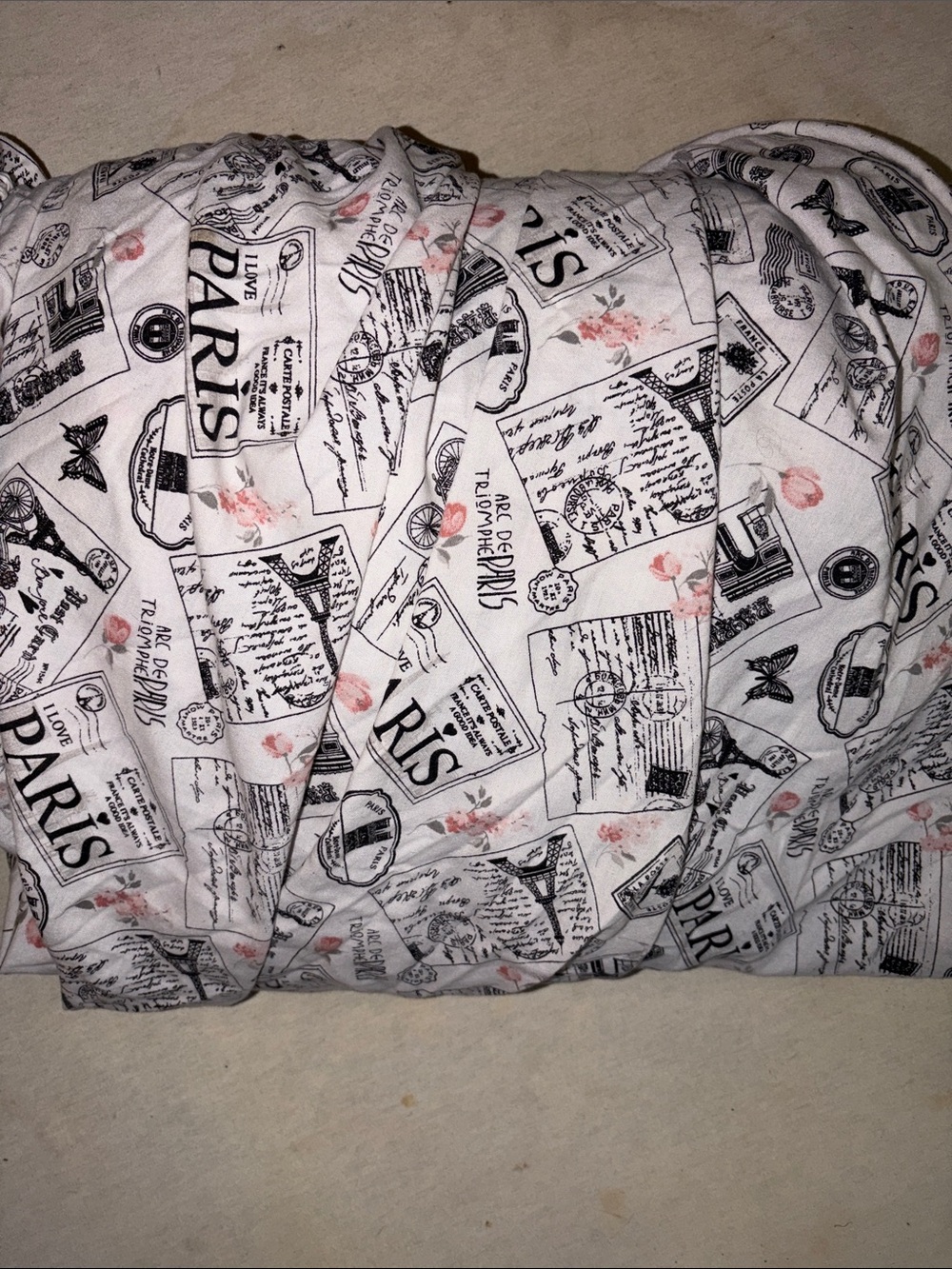 Home. Paris Postcard Print White and Pink Cotton Duvet Cover Fitted Sheet.